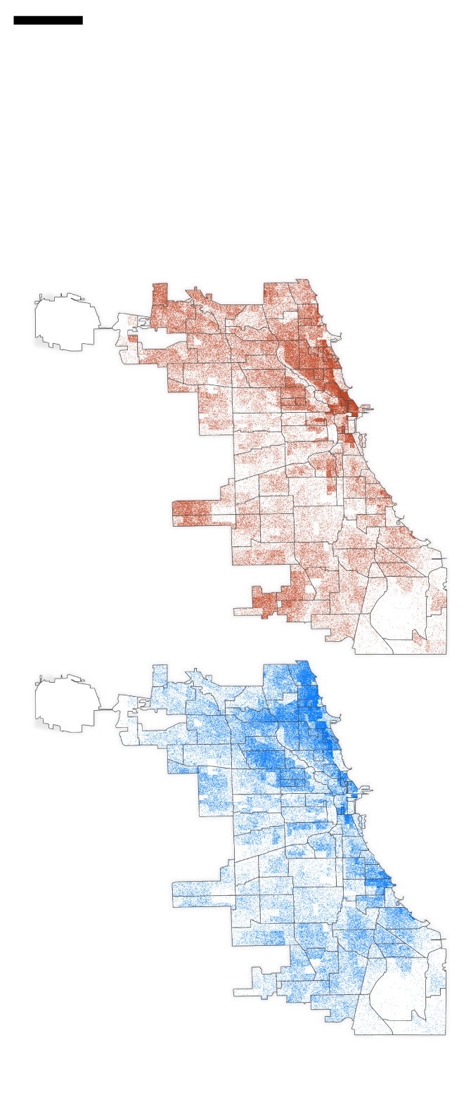 Dot density maps of Chicago showing voters against and for the Bring Home Chicago referendum.