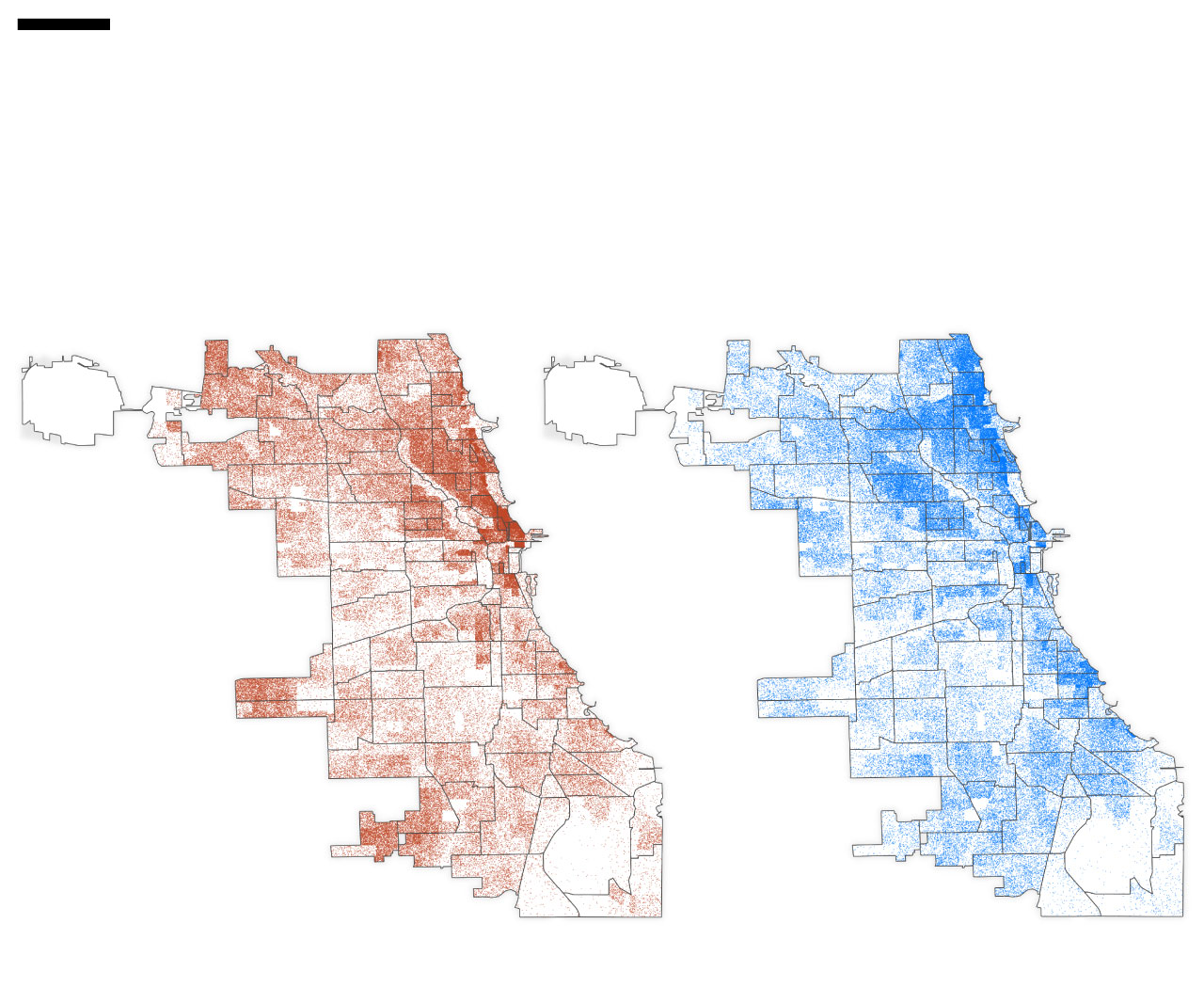 Dot density maps of Chicago showing voters against and for the Bring Home Chicago referendum.